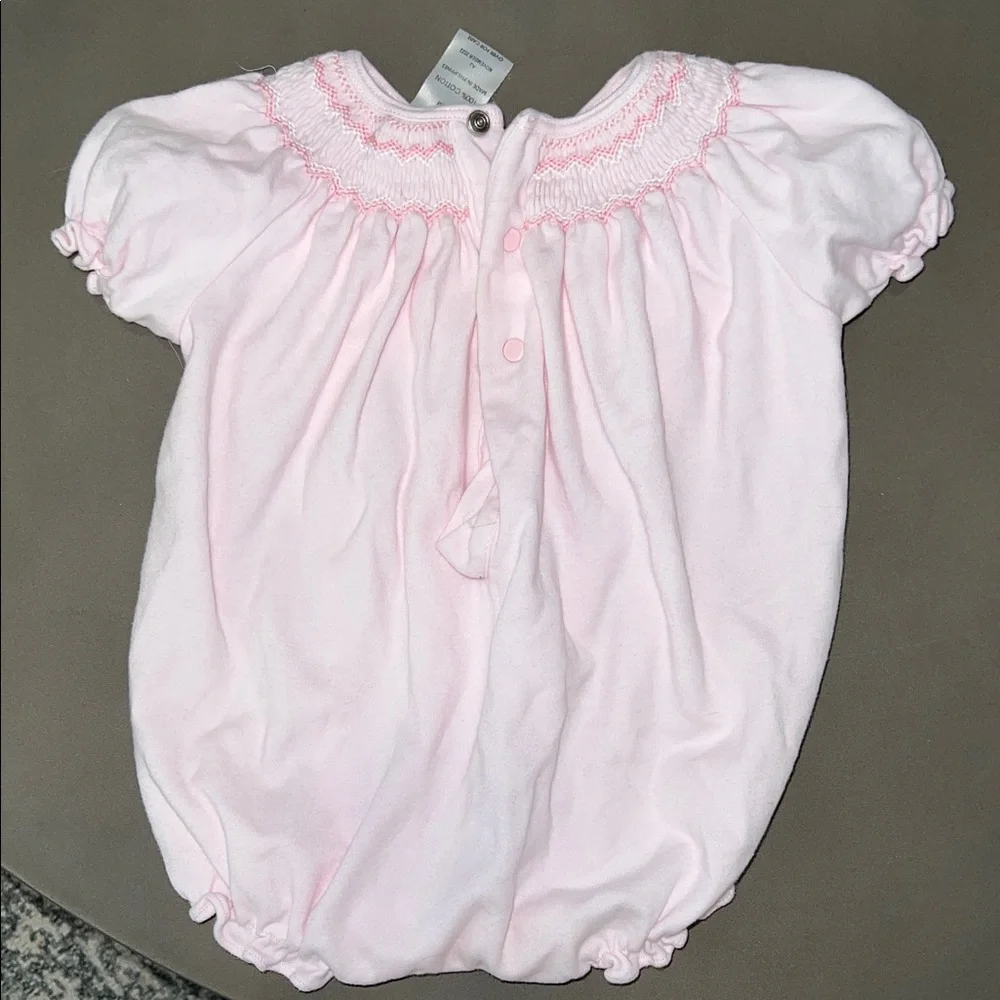 Pink Baby Bubble Romper with Smocked Detail and Embroidered Flowers - Picture 4 of 5